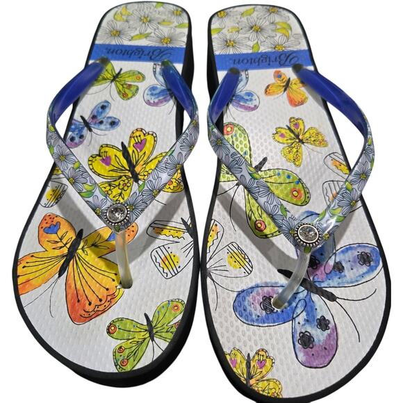 Brighton Shoes - Brighton Breeze Platform Flip Flops Butterflies & Daisies NEW Size 10 #939
